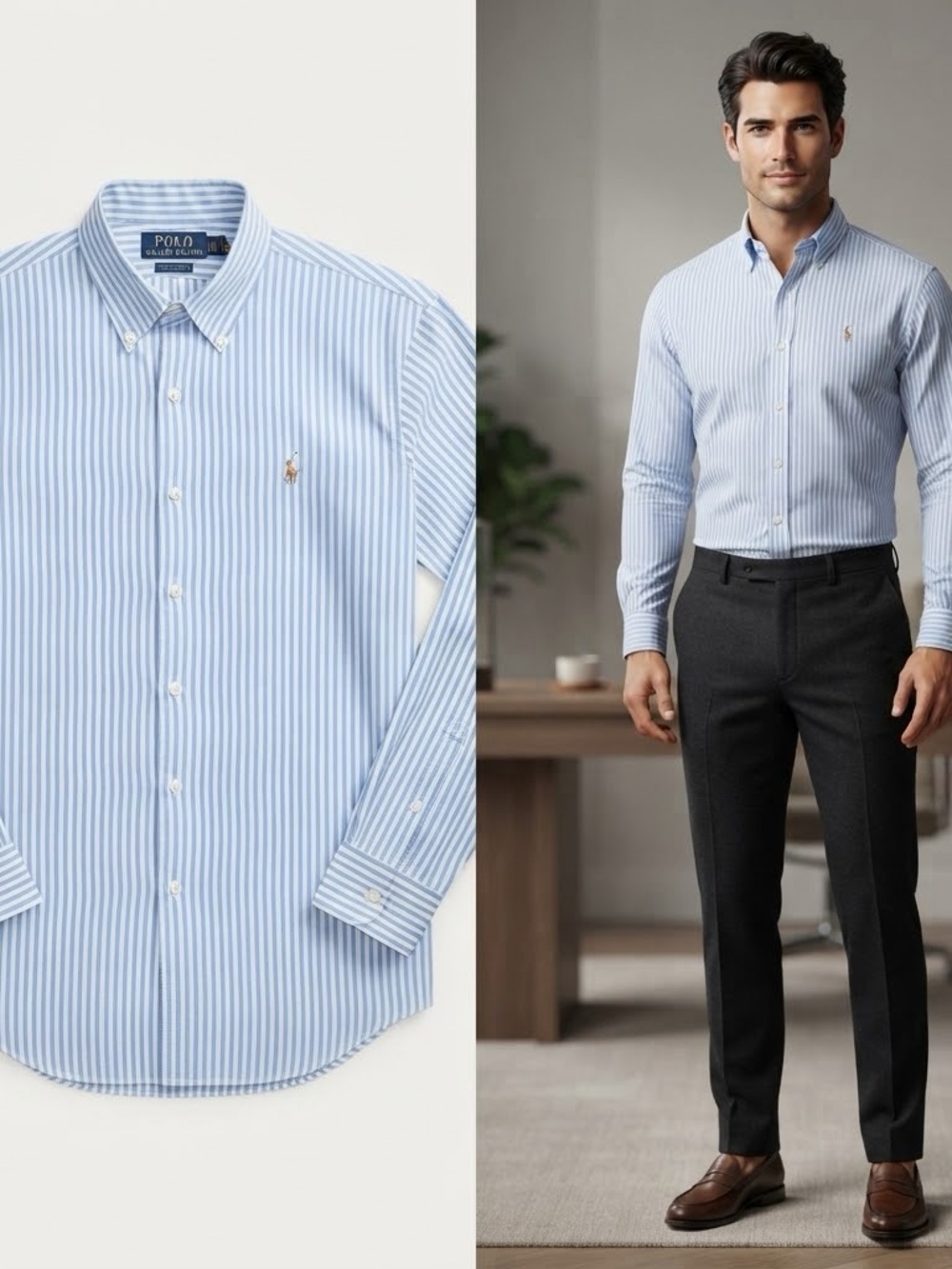Ralph Lauren Light Blue and White Striped Button-Down Dress Shirt Large